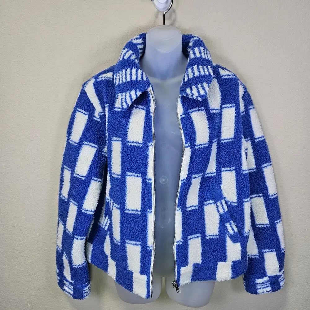 Mother Revolve Kickstand Jacket S Ice Cube Sherpa Coat Checkered Blue White Cozy - Picture 6 of 16